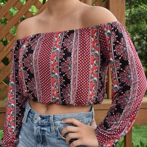Paisley and Striped Off the Shoulder Crop Top